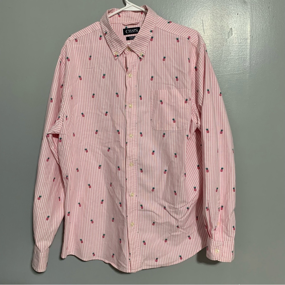 Chaps Shirt Mens XL Pink Striped Pineapple Pattern Long Sleeve Button Up Oxford